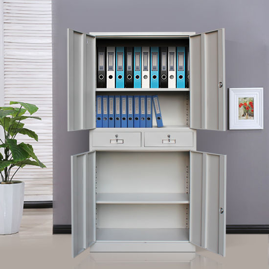 Metal office filing cabinet with lockable doors and drawers for file storage
