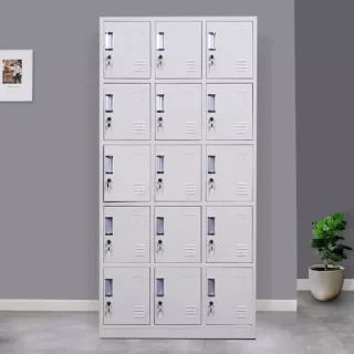 15-door steel locker cabinet in gray finish with secure locks and ventilation slots, ideal for office, gym, and school storage.