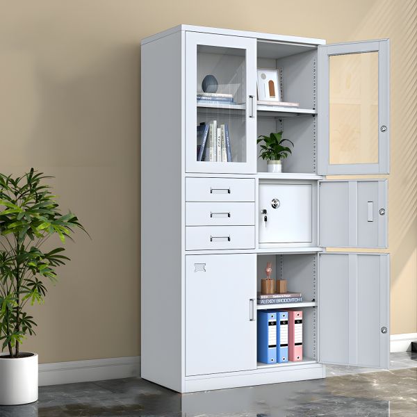 Steel filing cabinet with safe, drawers, and glass-front compartments for secure office file and document storage.