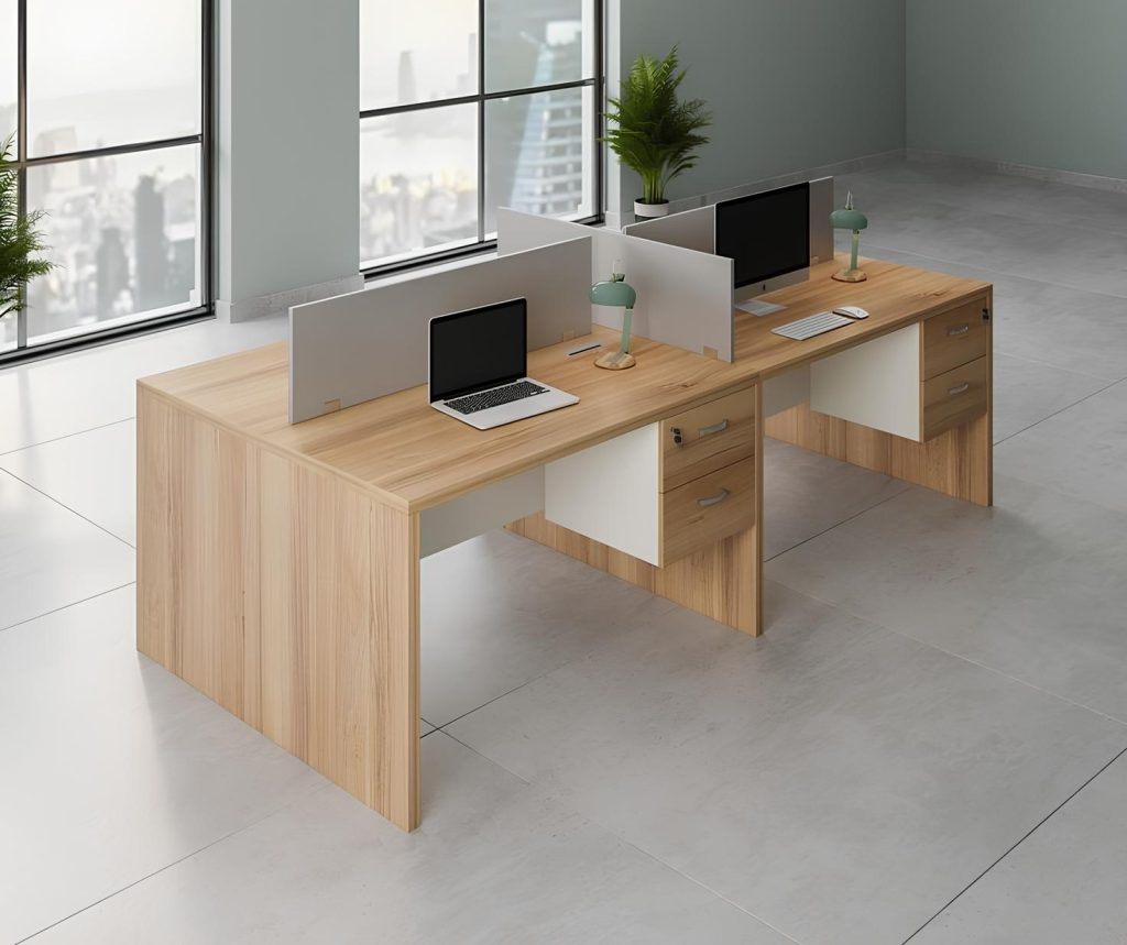4-way office workstation desk with storage drawers and partitions for corporate spaces