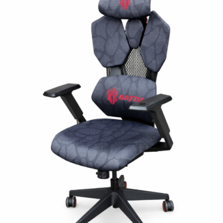 aming office chair with ergonomic back support and red accents in gaming room