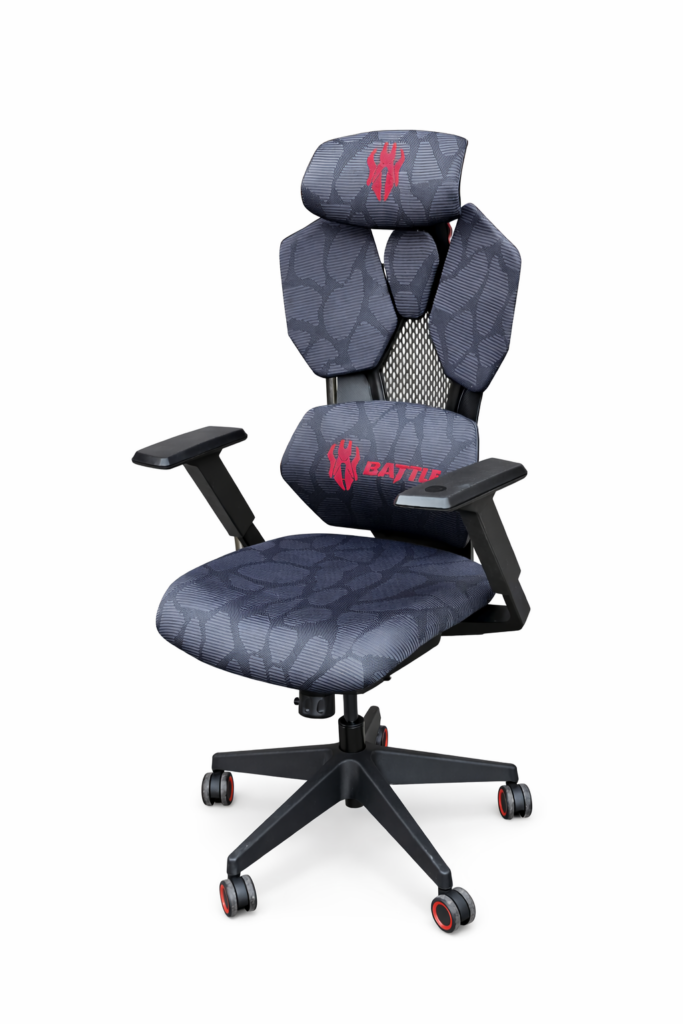 aming office chair with ergonomic back support and red accents in gaming room