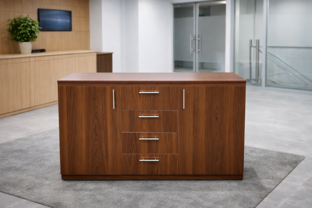 Modern office storage cabinet with drawers and lockable doors in reception setting