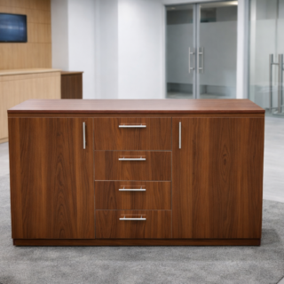 Modern office storage cabinet with drawers and lockable doors in reception setting