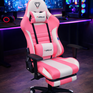 Gaming chair with footrest and ergonomic lumbar support in gaming setup