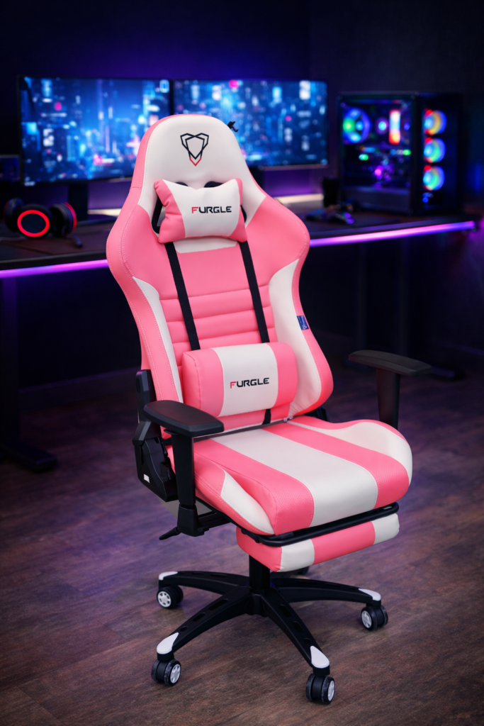 Gaming chair with footrest and ergonomic lumbar support in gaming setup